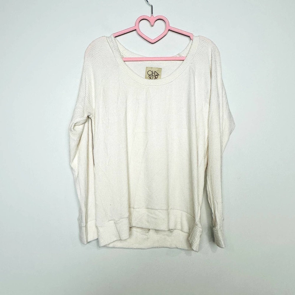 Chaser NWT Scoop Neck Raglan Ribbed Knit Hi-Lo Pullover Top Ivory Medium CW6921